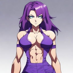 A very tall and muscular girl with broad shoulders and defined muscles, shoulder-length purple hair, and blue eyes