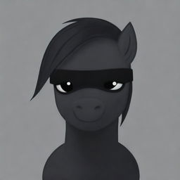 An animated, masculine dark pony, wearing a black blindfold, drawn in the style of My Little Pony.