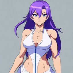 A very tall and muscular girl with broad shoulders and defined muscles, shoulder-length purple hair, and blue eyes