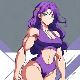 A very tall and muscular girl with broad shoulders and defined muscles, shoulder-length purple hair, and blue eyes