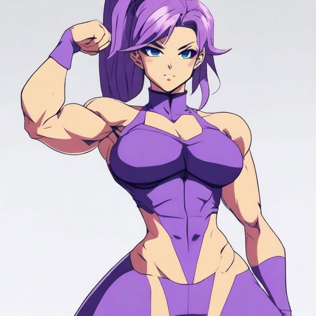 A very tall and muscular girl with broad shoulders and defined muscles, shoulder-length purple hair, and blue eyes