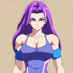 A very tall and muscular girl with broad shoulders and defined muscles, shoulder-length purple hair, and blue eyes