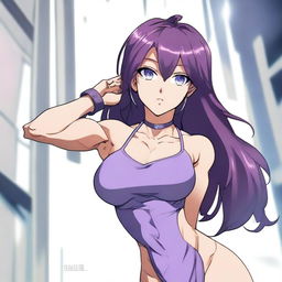 A very tall and muscular girl with broad shoulders and defined muscles, shoulder-length purple hair, and blue eyes