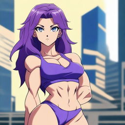 A very tall and muscular girl with broad shoulders and defined muscles, shoulder-length purple hair, and blue eyes