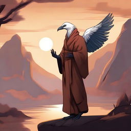 A detailed illustration of an aarakocra monk, a bird-like humanoid with feathers and wings, dressed in traditional monk robes