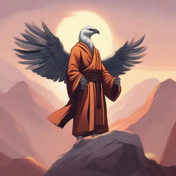 A detailed illustration of an aarakocra monk, a bird-like humanoid with feathers and wings, dressed in traditional monk robes