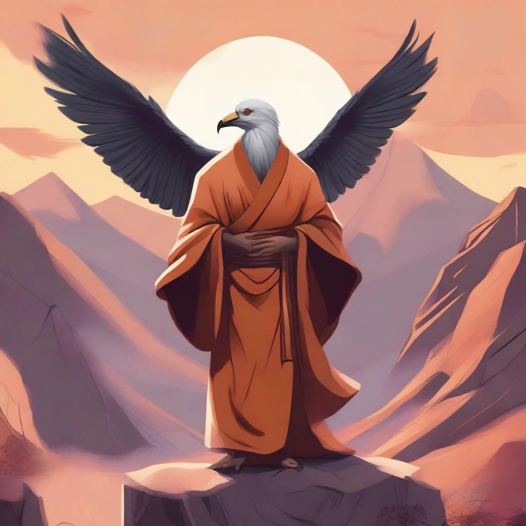 A detailed illustration of an aarakocra monk, a bird-like humanoid with feathers and wings, dressed in traditional monk robes