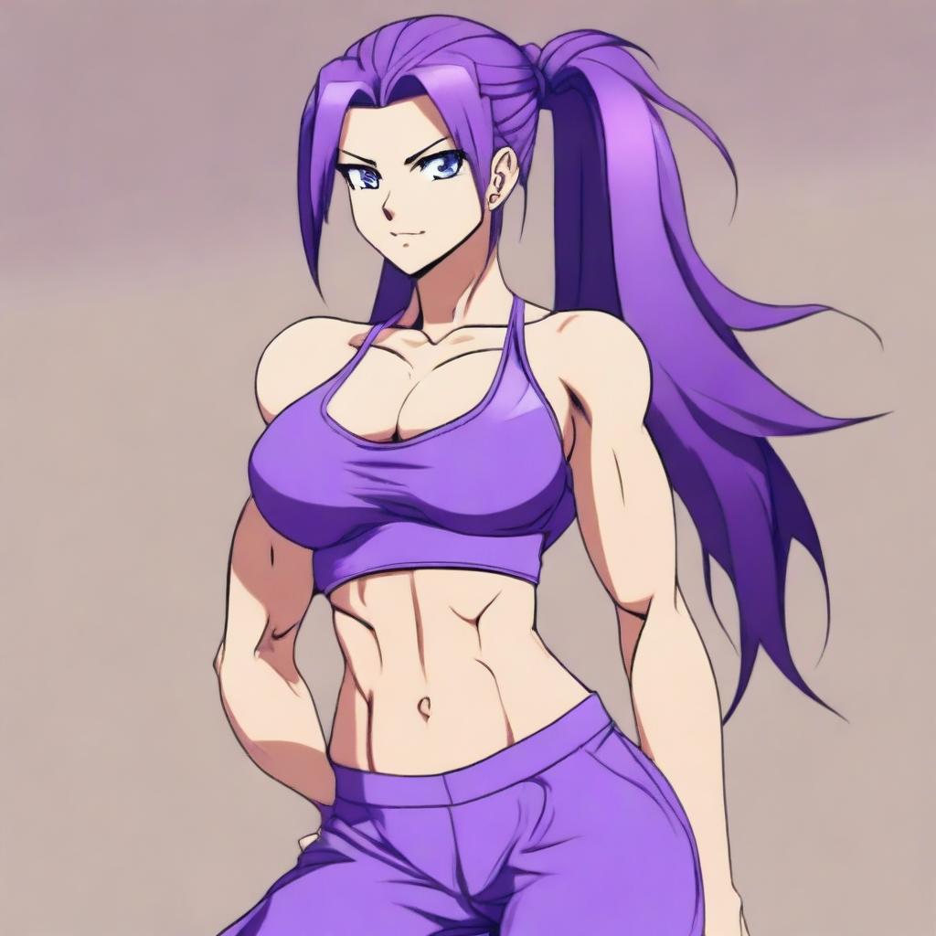 A very tall and muscular girl with broad shoulders and defined muscles, shoulder-length purple hair, and blue eyes