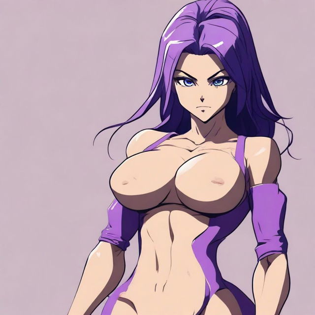 A very tall and muscular girl with broad shoulders and defined muscles, shoulder-length purple hair, and blue eyes