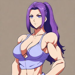 A very tall and muscular girl with broad shoulders and defined muscles, shoulder-length purple hair, and blue eyes