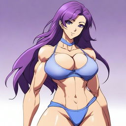 A very tall and muscular girl with broad shoulders and defined muscles, shoulder-length purple hair, and blue eyes