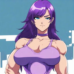 A very tall and muscular girl with broad shoulders and defined muscles, bobbed purple hair, and blue eyes