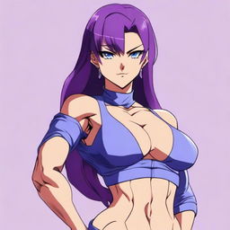 A very tall and muscular girl with broad shoulders and defined muscles, bobbed purple hair, and blue eyes