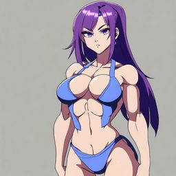 A very tall and muscular girl with broad shoulders and defined muscles, bobbed purple hair, and blue eyes