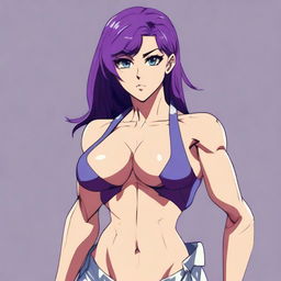 A very tall and muscular girl with broad shoulders and defined muscles, bobbed purple hair, and blue eyes