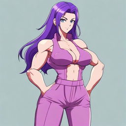 A very tall and muscular girl with broad shoulders and defined muscles, bobbed purple hair, and blue eyes