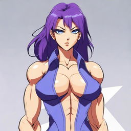 A very tall and muscular girl with broad shoulders and defined muscles, bobbed purple hair, and blue eyes