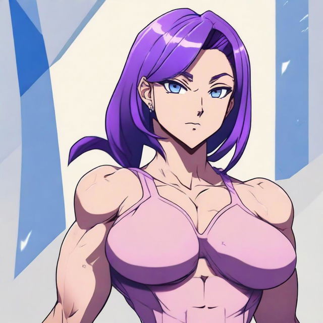 A very tall and muscular girl with broad shoulders and defined muscles, bobbed purple hair, and blue eyes