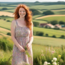 A thick red-haired woman wearing a charming farm sundress, standing in a picturesque countryside setting with lush green fields and a clear blue sky