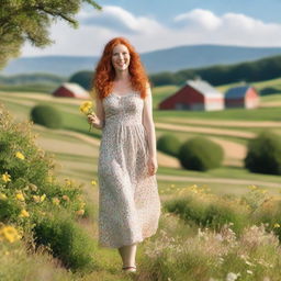 A thick red-haired woman wearing a charming farm sundress, standing in a picturesque countryside setting with lush green fields and a clear blue sky