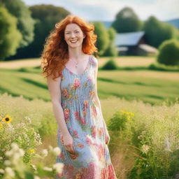 A thick red-haired woman wearing a charming farm sundress, standing in a picturesque countryside setting with lush green fields and a clear blue sky