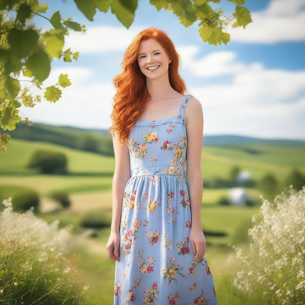 A thick red-haired woman wearing a charming farm sundress, standing in a picturesque countryside setting with lush green fields and a clear blue sky