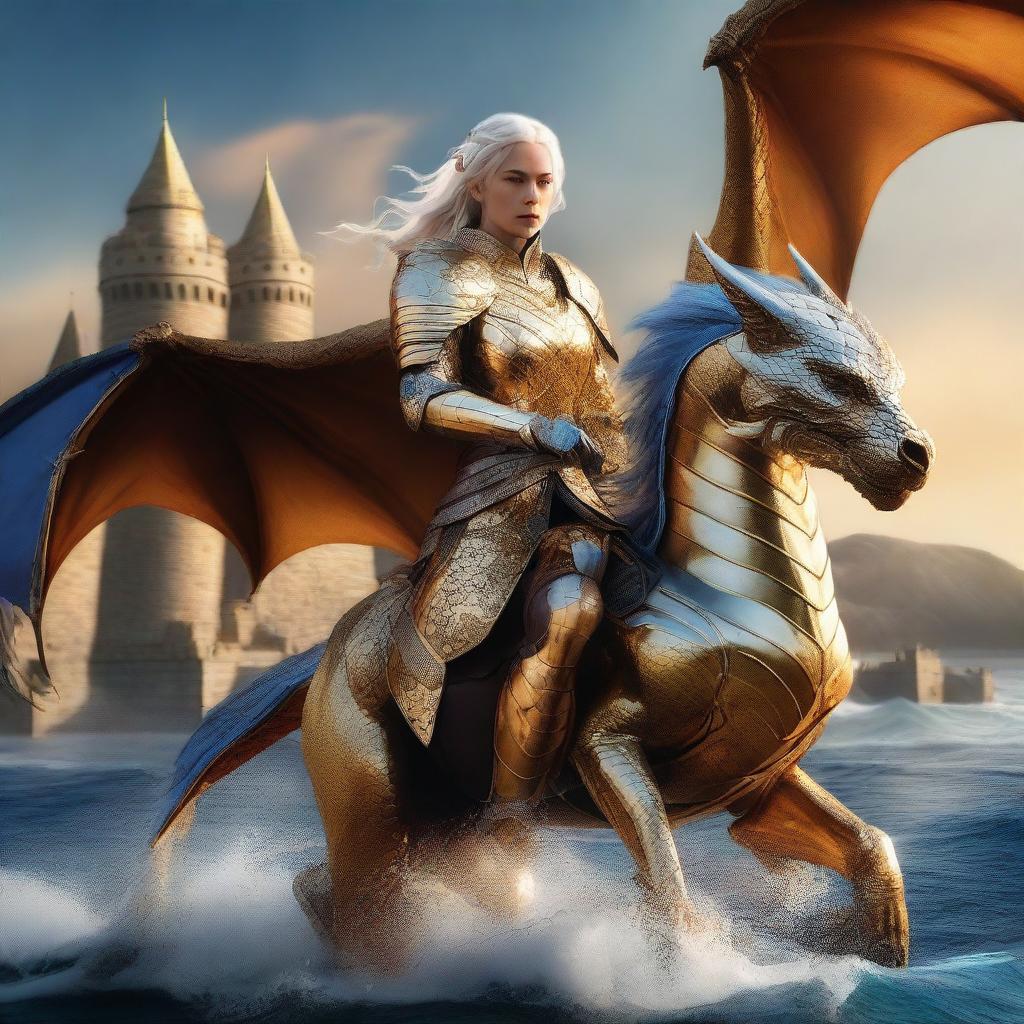 A Targaryen warrior mounted on her golden dragon, dressed in armor, with a castle in the background and the sea surrounding it