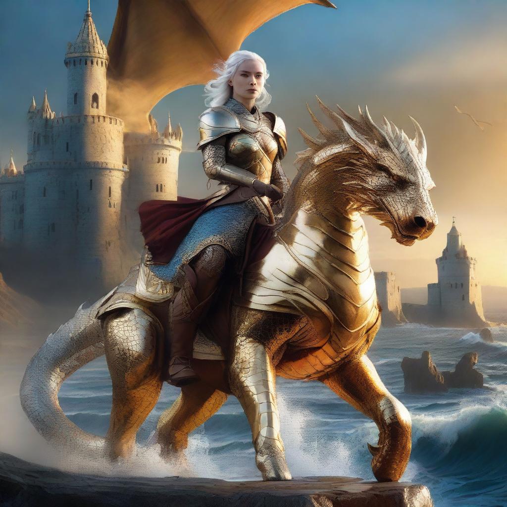 A Targaryen warrior mounted on her golden dragon, dressed in armor, with a castle in the background and the sea surrounding it