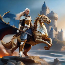 A Targaryen warrior mounted on her golden dragon, dressed in armor, with a castle in the background and the sea surrounding it