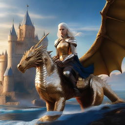 A Targaryen warrior mounted on her golden dragon, dressed in armor, with a castle in the background and the sea surrounding it