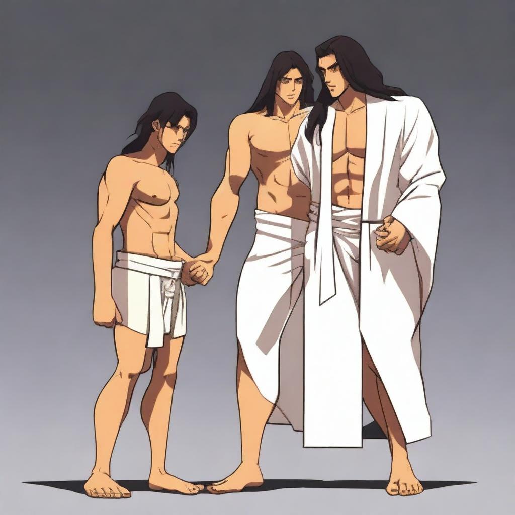 A tall and buff humanoid man with long dark hair in a braid, darkly tanned skin, and wearing a white toga