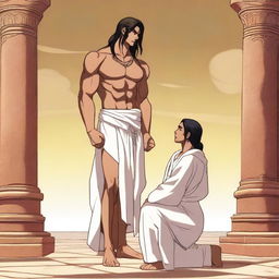 A tall and buff humanoid man with long dark hair in a braid, darkly tanned skin, and wearing a white toga