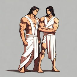 A tall and buff humanoid man with long dark hair in a braid, darkly tanned skin, and wearing a white toga