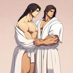 A tall and buff humanoid man with long dark hair in a braid, darkly tanned skin, and wearing a white toga