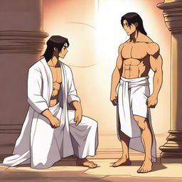 A tall and buff humanoid man with long dark hair in a braid, darkly tanned skin, and wearing a white toga