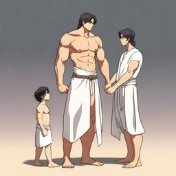 A tall and buff humanoid man with long dark hair in a braid, darkly tanned skin, and wearing a white toga