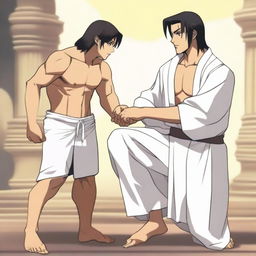 A tall and buff humanoid man with long dark hair in a braid, darkly tanned skin, and wearing a white toga