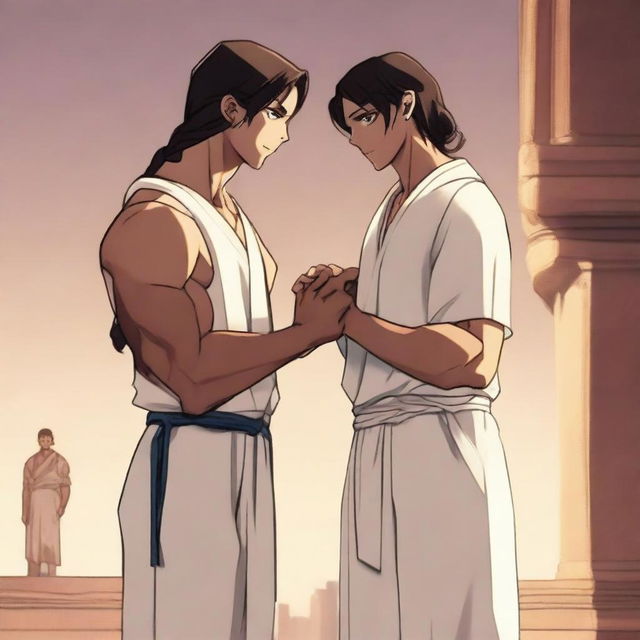 A tall and buff humanoid man with long dark hair in a braid, darkly tanned skin, and wearing a white toga