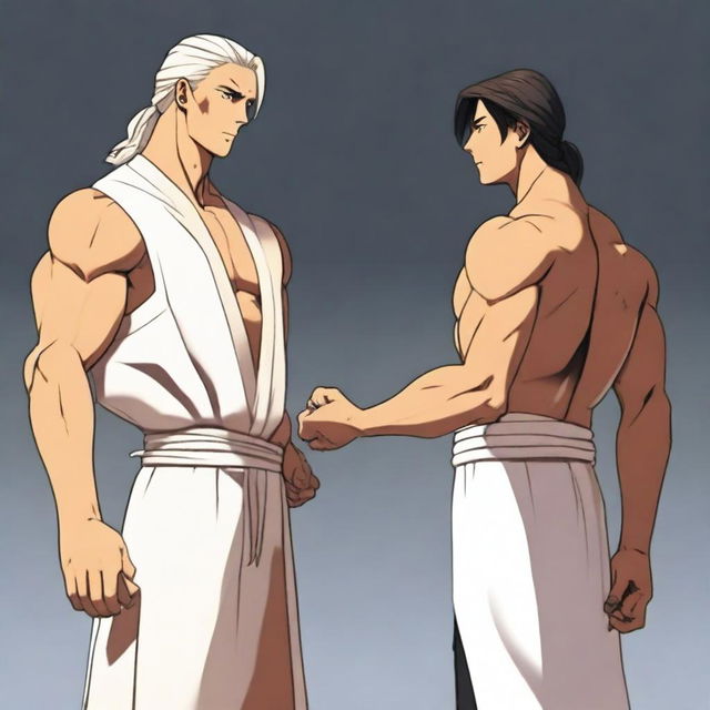 A tall and buff humanoid man with long dark hair in a braid, darkly tanned skin, and wearing a white toga