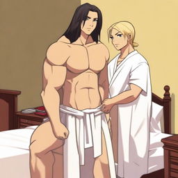 In a small apartment, a tall and buff humanoid man with long dark hair in a braid, darkly tanned skin, and wearing a white toga stands next to a bed