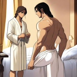 In a small apartment, a tall and buff humanoid man with long dark hair in a braid, darkly tanned skin, and wearing a white toga stands next to a bed