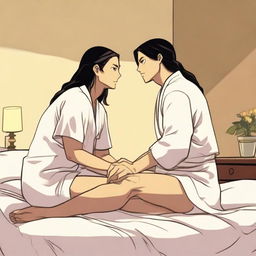 In a small apartment, a tall and buff humanoid man with long dark hair in a braid, darkly tanned skin, and wearing a white toga stands next to a bed