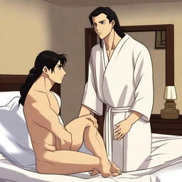 In a small apartment, a tall and buff humanoid man with long dark hair in a braid, darkly tanned skin, and wearing a white toga stands next to a bed