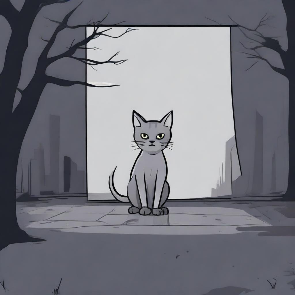 A start screen for a game about a grey cat