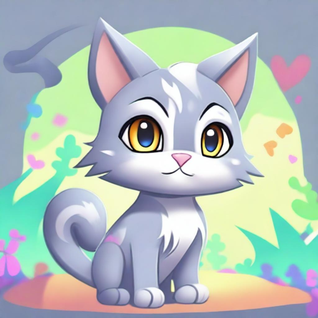 A cute grey cat character designed in a video game style, with detailed fur texture and expressive eyes