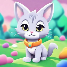 A cute grey cat character designed in a video game style, with detailed fur texture and expressive eyes