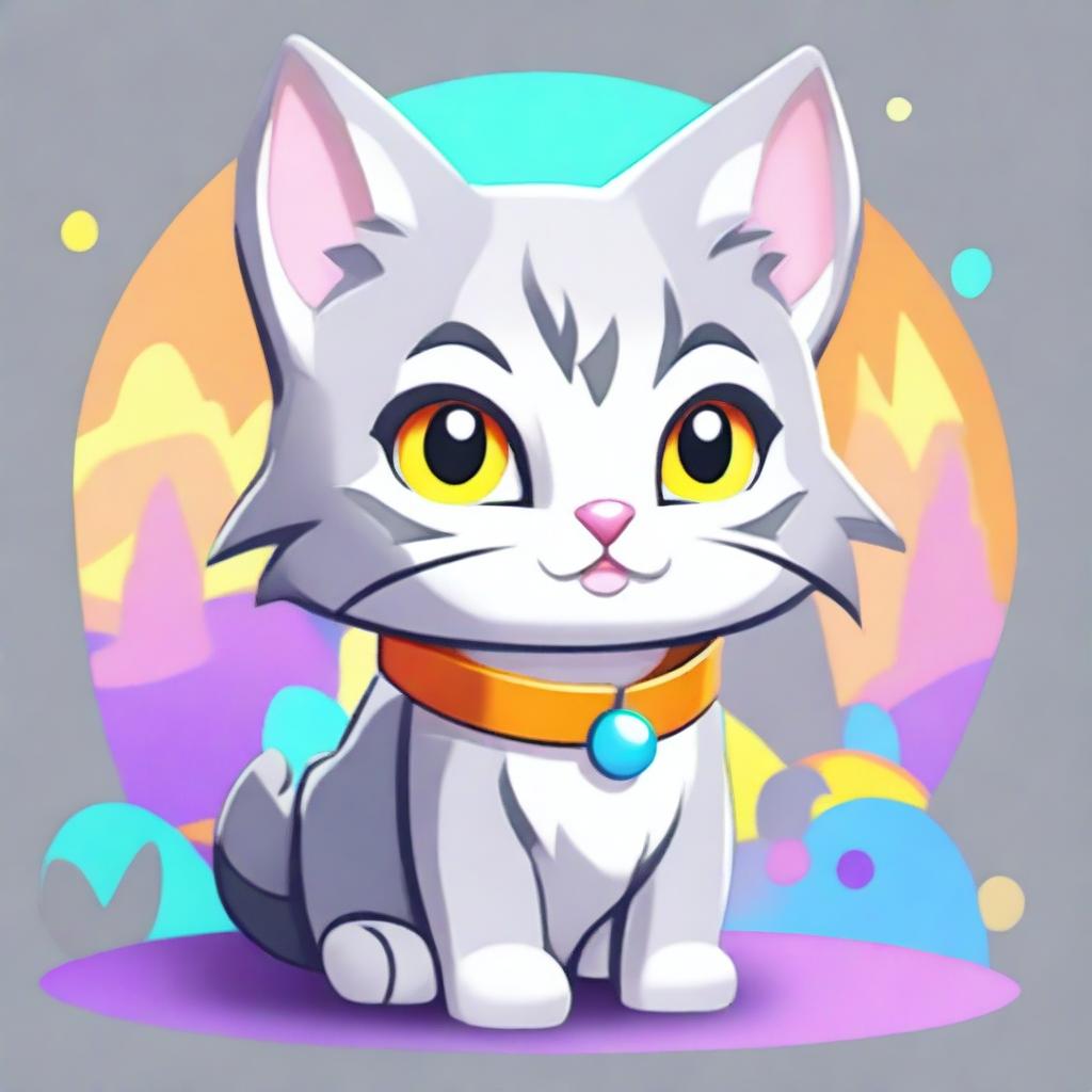 A cute grey cat character designed in a video game style, with detailed fur texture and expressive eyes