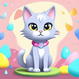 A cute grey cat character designed in a video game style, with detailed fur texture and expressive eyes