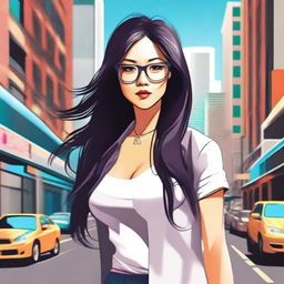 A detailed illustration of a sexy Asian girl with glasses