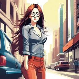 A detailed illustration of a sexy Asian girl with glasses